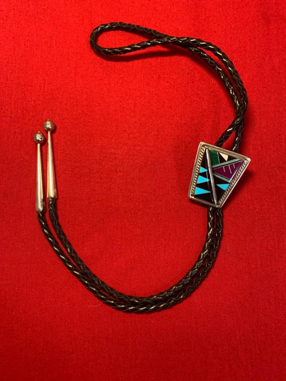 Native American Turquoise and Onyx Inlay Bolo Tie stamped E. Long